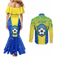 Yellow off-shoulder mermaid dress back with blue soccer graphic; matching long-sleeve shirt back print