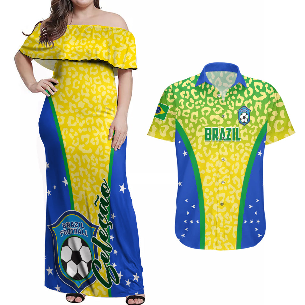 Brazil Football Couples Matching Off Shoulder Maxi Dress and Hawaiian Shirt Brasil Leopard Pattern - Wonder Print Shop