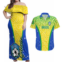 Yellow off-shoulder maxi dress with Brazil football print, and green/yellow Hawaiian shirt