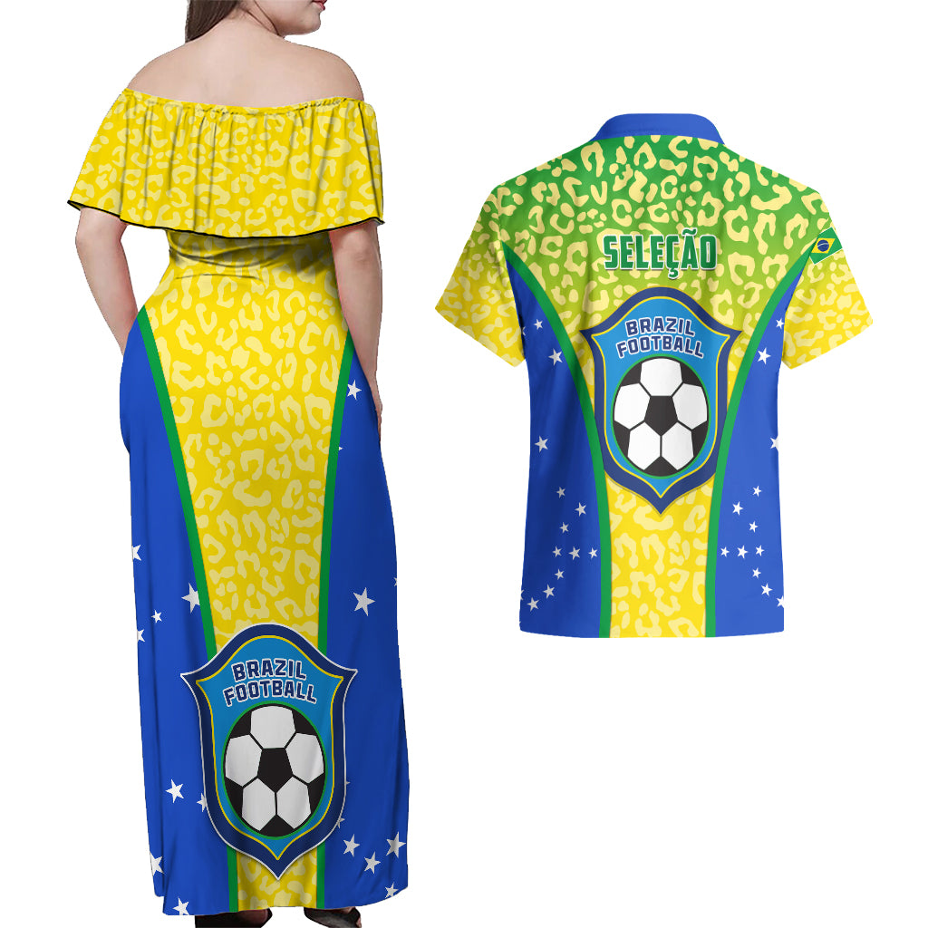 Yellow off-shoulder maxi dress and matching back-print Brazil football Hawaiian shirt