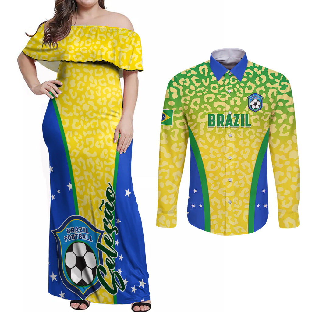 Brazil Football Couples Matching Off Shoulder Maxi Dress and Long Sleeve Button Shirts Brasil Leopard Pattern - Wonder Print Shop