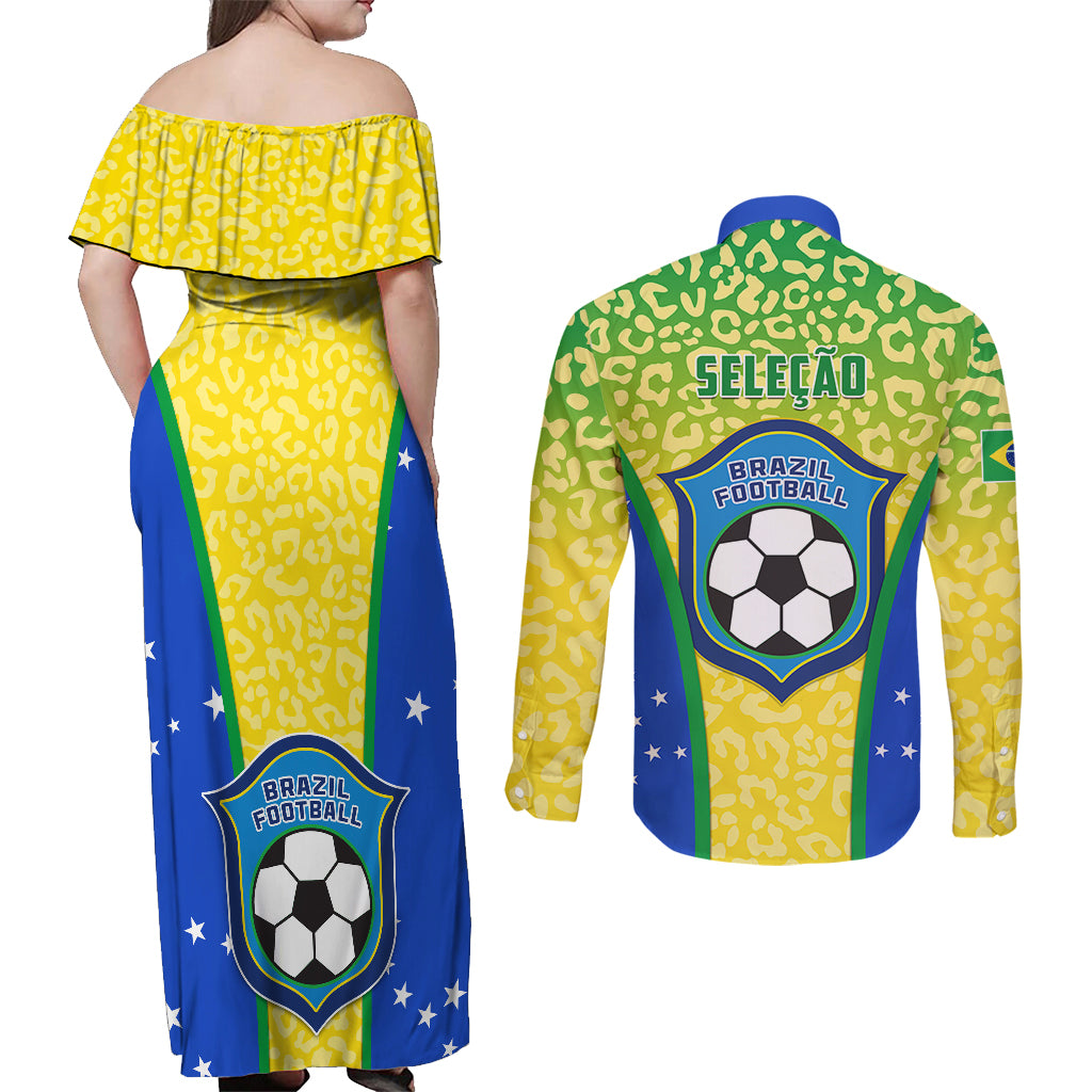 Back view matching yellow off-shoulder maxi dress and long-sleeve shirt with Brazil crest