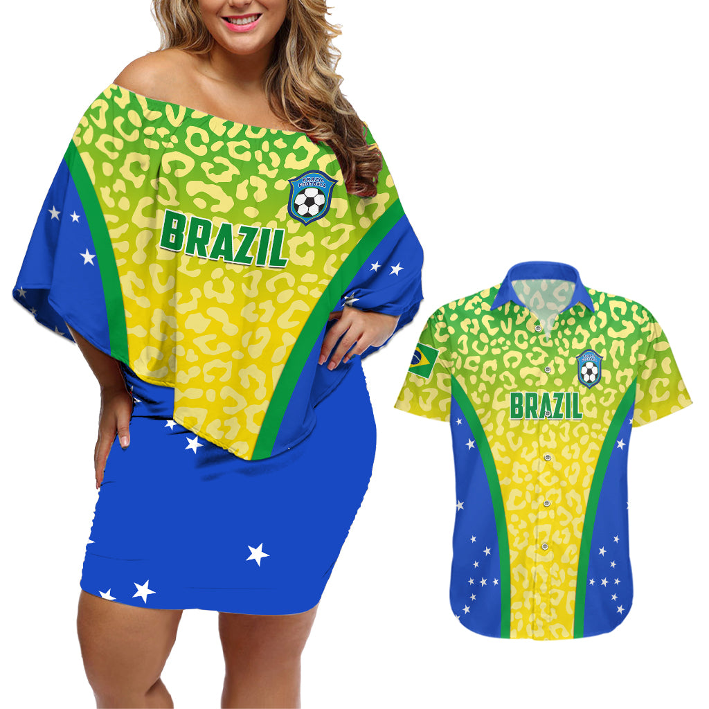 Brazil Football Couples Matching Off Shoulder Short Dress and Hawaiian Shirt Brasil Leopard Pattern - Wonder Print Shop