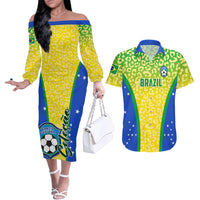 Couples matching set: yellow off-shoulder midi dress with leopard print and soccer graphic; shirt.