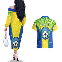 Couples matching set: yellow off-shoulder midi dress with soccer-ball panel; Brazil Hawaiian shirt.