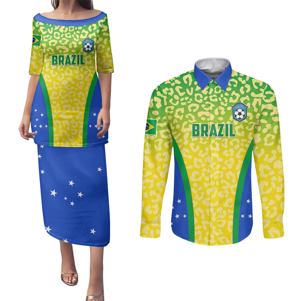 Brazil Football Couples Matching Puletasi Dress and Long Sleeve Button Shirts Brasil Leopard Pattern - Wonder Print Shop