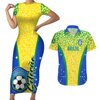 Yellow Brazil football bodycon midi dress and green-blue Hawaiian shirt, front view