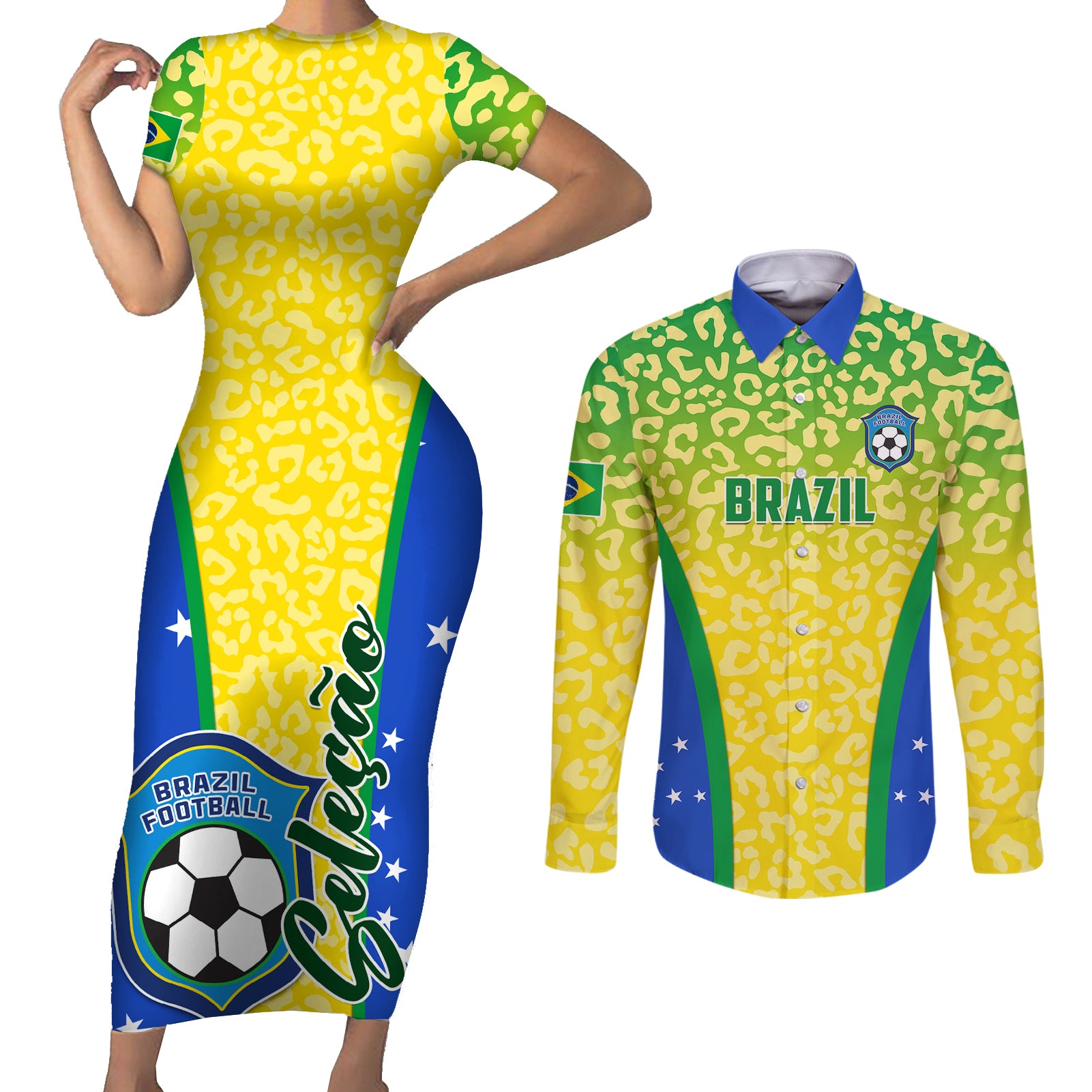 Brazil Football Couples Matching Short Sleeve Bodycon Dress and Long Sleeve Button Shirts Brasil Leopard Pattern - Wonder Print Shop