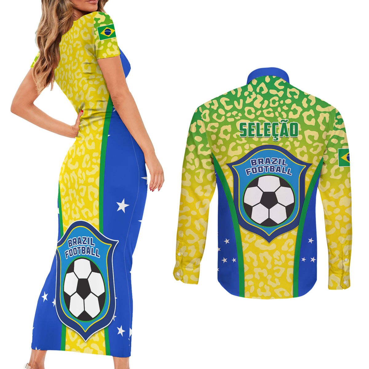 Brazil Football Couples Matching Short Sleeve Bodycon Dress and Long Sleeve Button Shirts Brasil Leopard Pattern - Wonder Print Shop