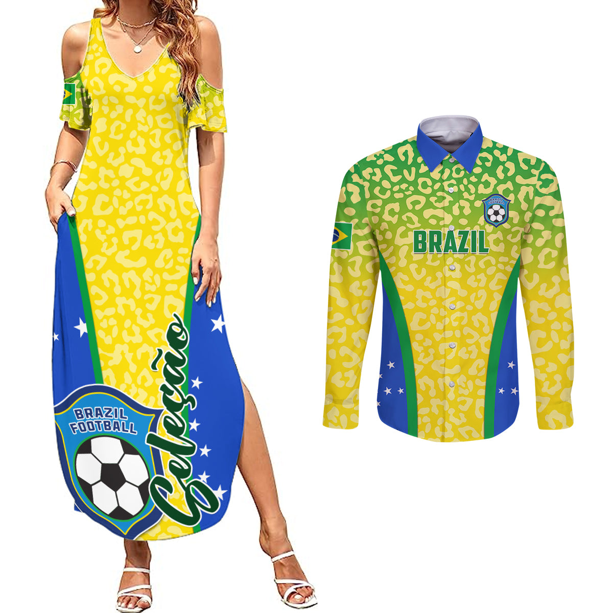 Brazil Football Couples Matching Summer Maxi Dress and Long Sleeve Button Shirts Brasil Leopard Pattern - Wonder Print Shop