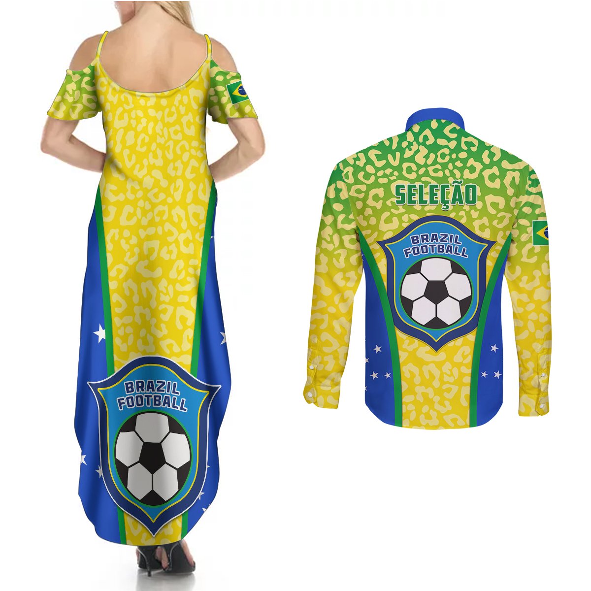 Yellow Brazil football leopard maxi dress back with open shoulders, matching long-sleeve shirt