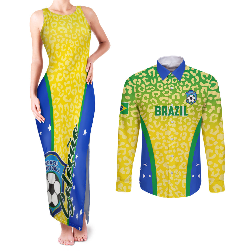 Brazil Football Couples Matching Tank Maxi Dress and Long Sleeve Button Shirts Brasil Leopard Pattern - Wonder Print Shop