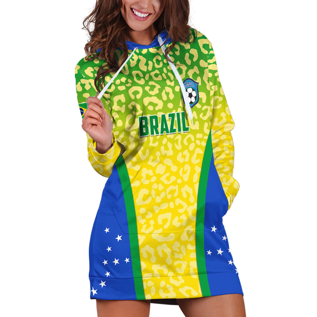Brazil Football Hoodie Dress Brasil Leopard Pattern - Wonder Print Shop