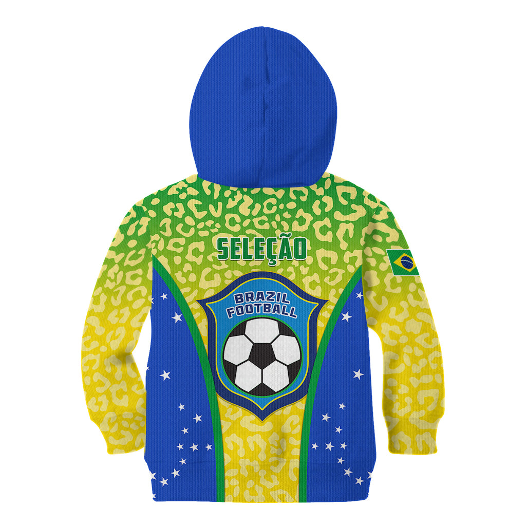 Kids zip hoodie, blue hood, green/yellow leopard print with Brazil crest and badge back
