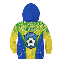 Kids zip hoodie, blue hood, green/yellow leopard print with Brazil crest and badge back