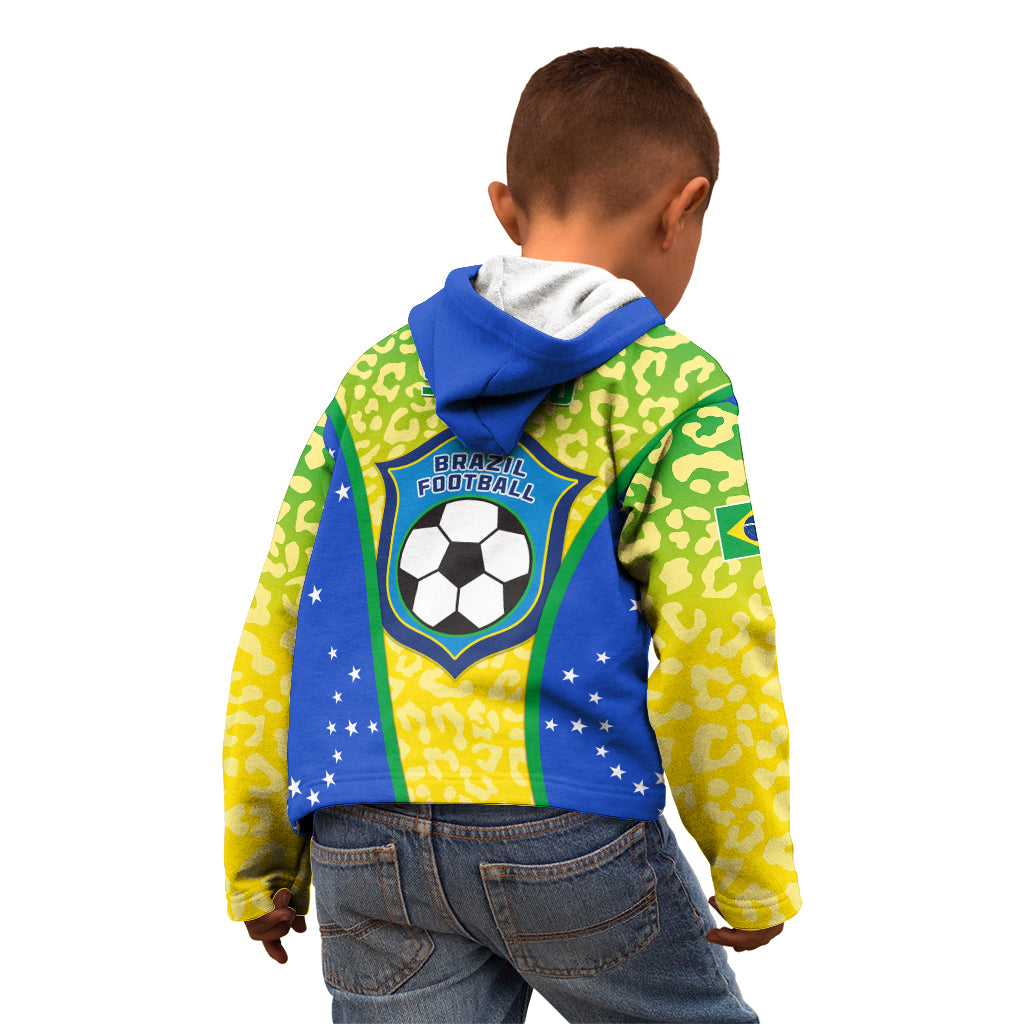 Kids zip hoodie back view, blue hood, Brazil football crest on green/yellow leopard print