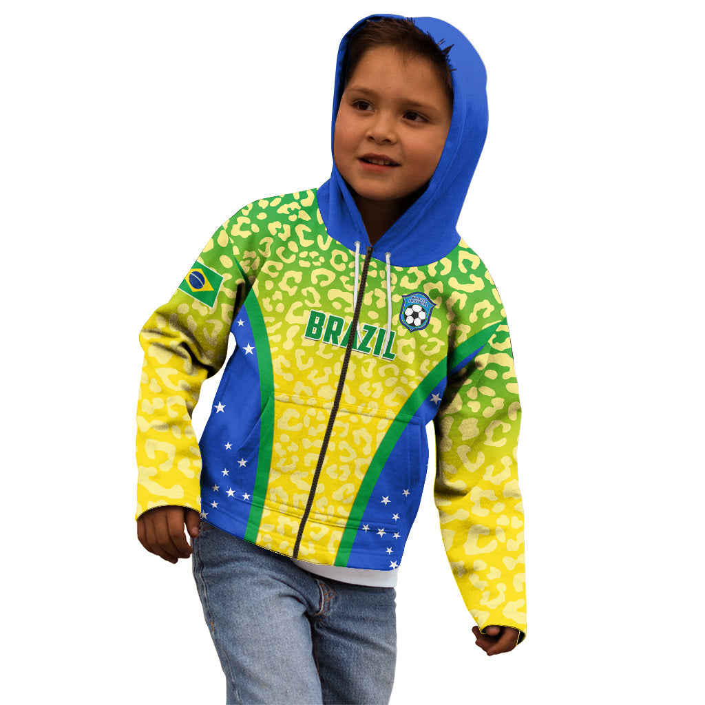 Kids zip hoodie on child, blue hood, green/yellow leopard print with Brazil flag side panels