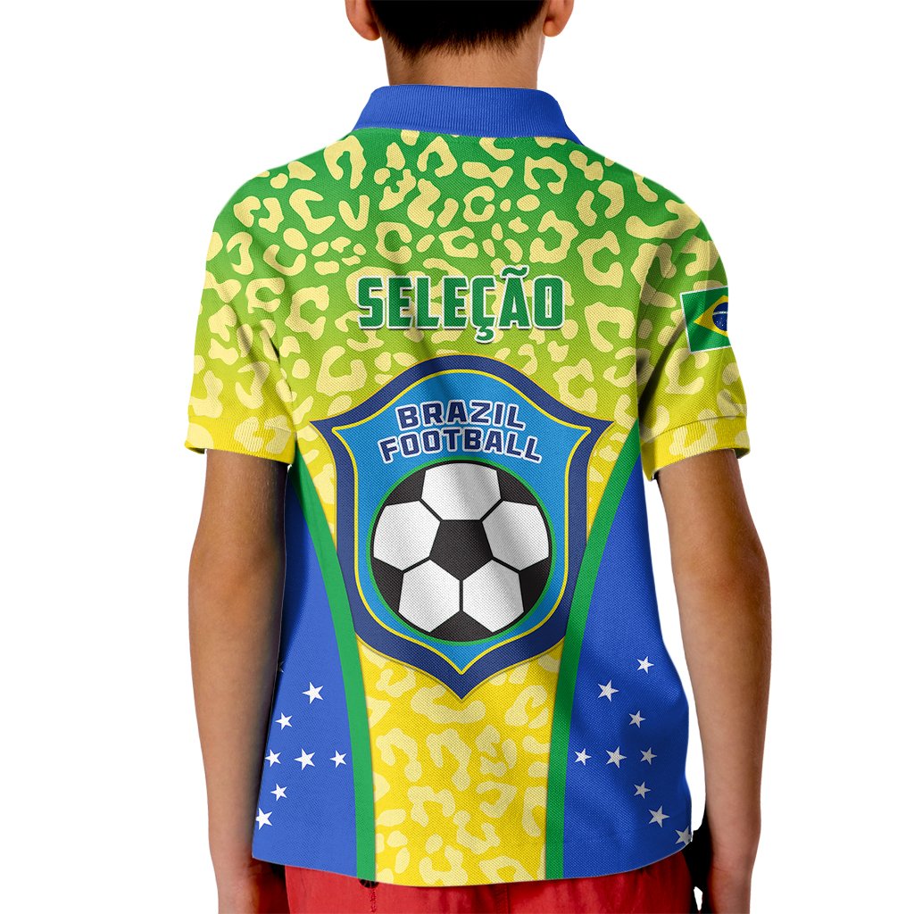 Kids Brazil football polo shirt, yellow leopard print with blue badge and stars (back)