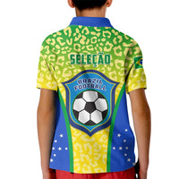 Kids Brazil football polo shirt, yellow leopard print with blue badge and stars (back)