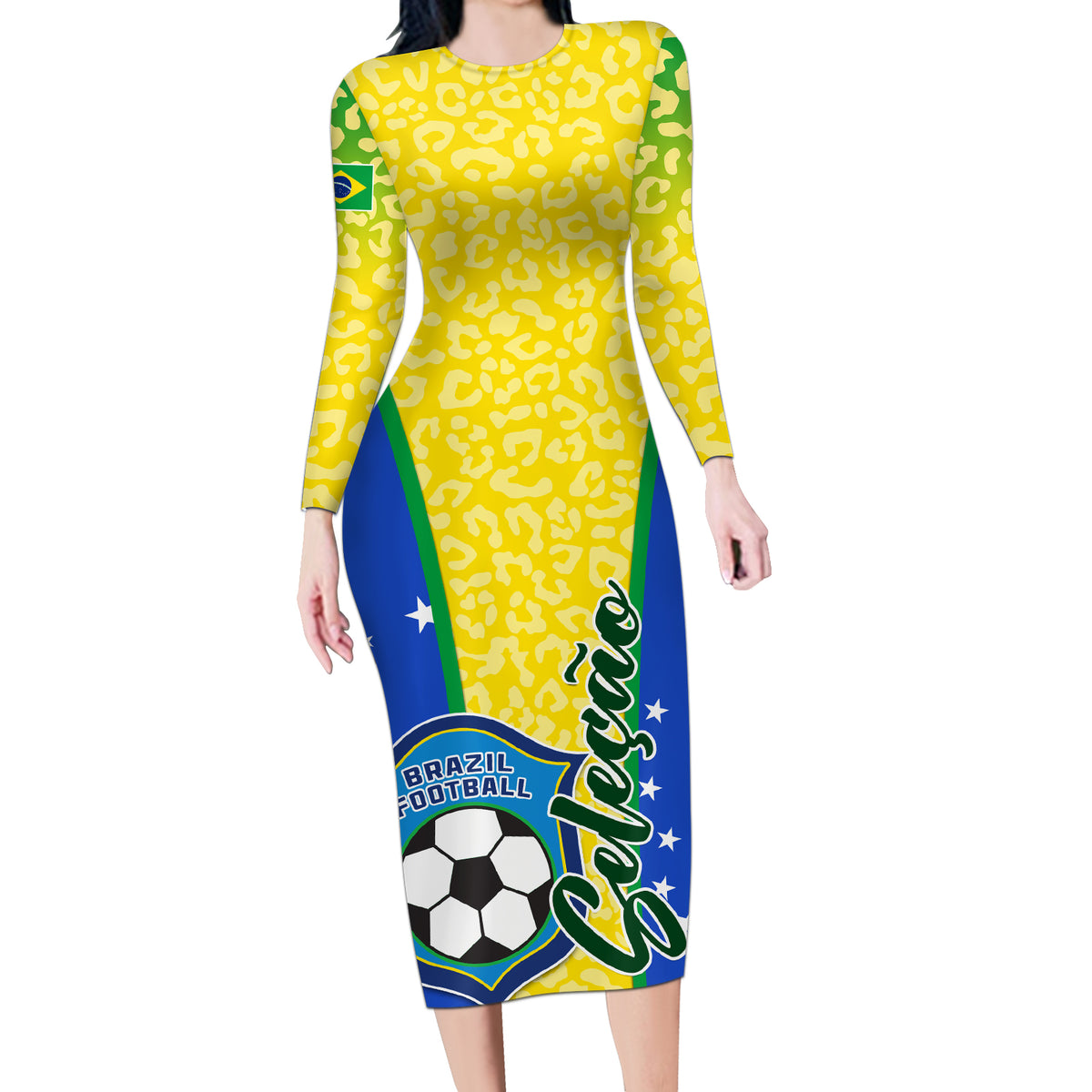Brazil Football Long Sleeve Bodycon Dress Brasil Leopard Pattern - Wonder Print Shop