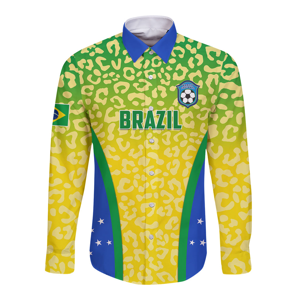 Brazil Football Long Sleeve Button Shirt Brasil Leopard Pattern - Wonder Print Shop