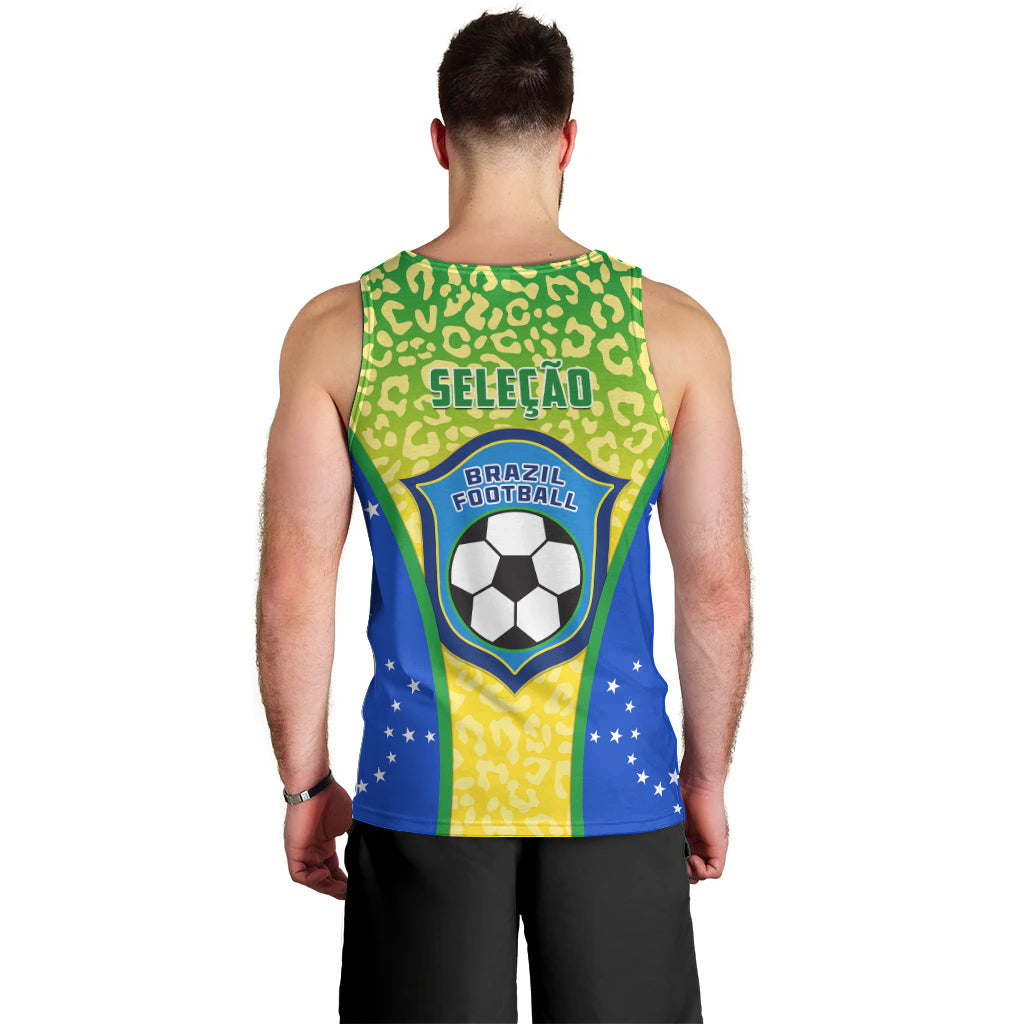 Men's Brazil football tank top with leopard-print back, blue and yellow panels, rear view