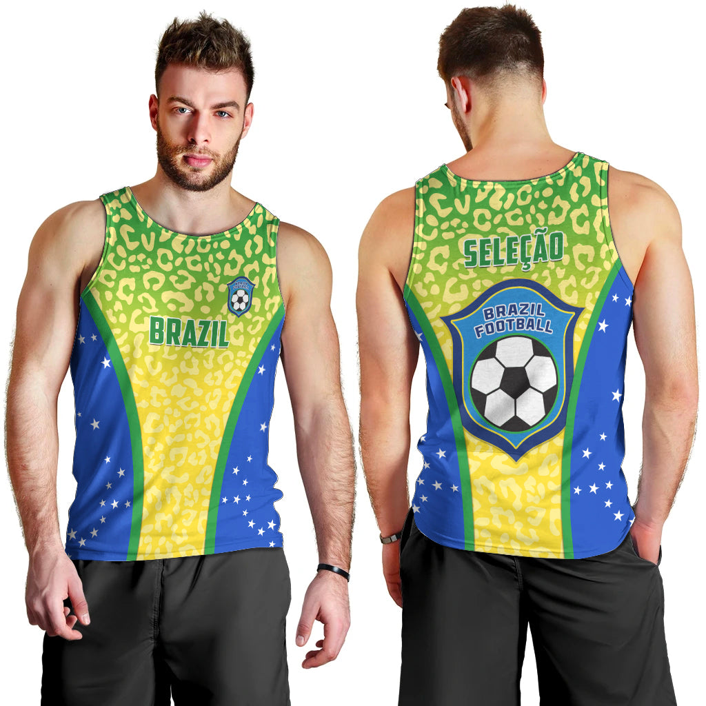 Men's sleeveless football tank top with front and back Brazil flag leopard design, round neck