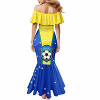 Yellow off-shoulder ruffle mermaid dress with leopard pattern and Brazil football print