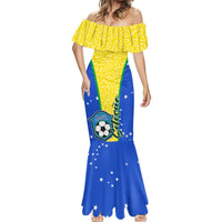 Yellow off-shoulder ruffle mermaid dress with leopard pattern and Brazil football graphic