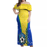 Off-shoulder maxi dress, yellow leopard print with Brazil football crest