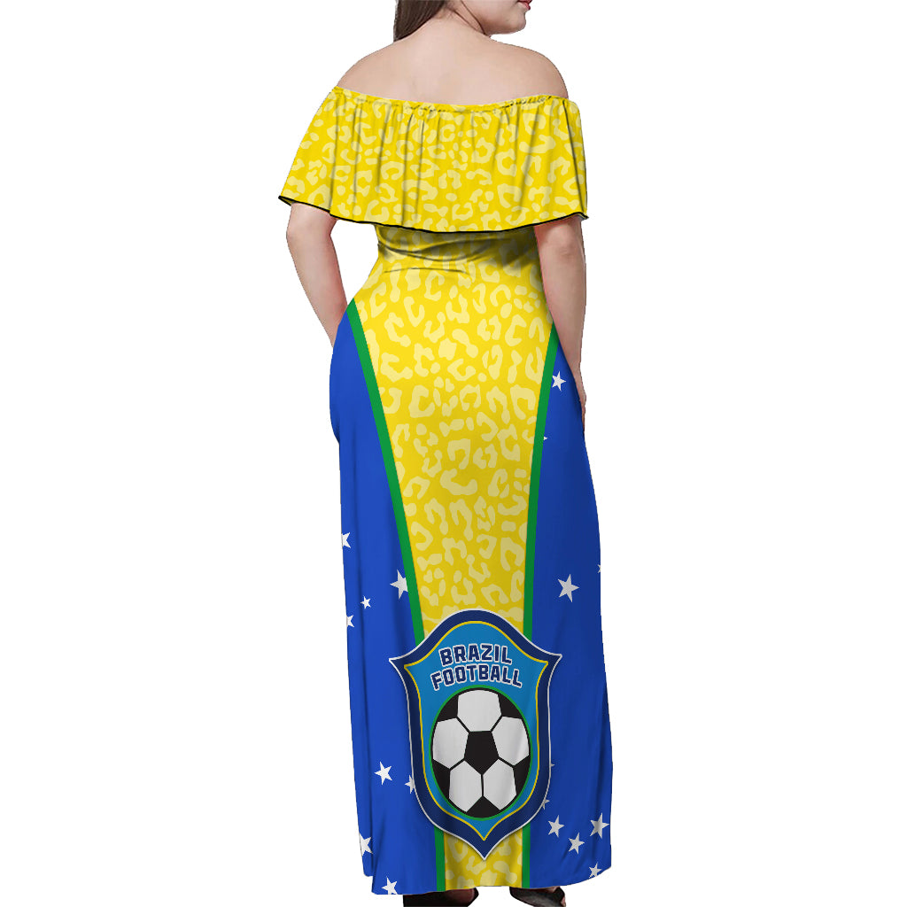 Off-shoulder maxi dress with yellow leopard print and Brazil football crest, back view
