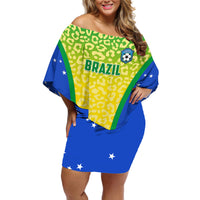 Off-shoulder short dress with Brazil soccer print, blue trim, stars, leopard-style panel