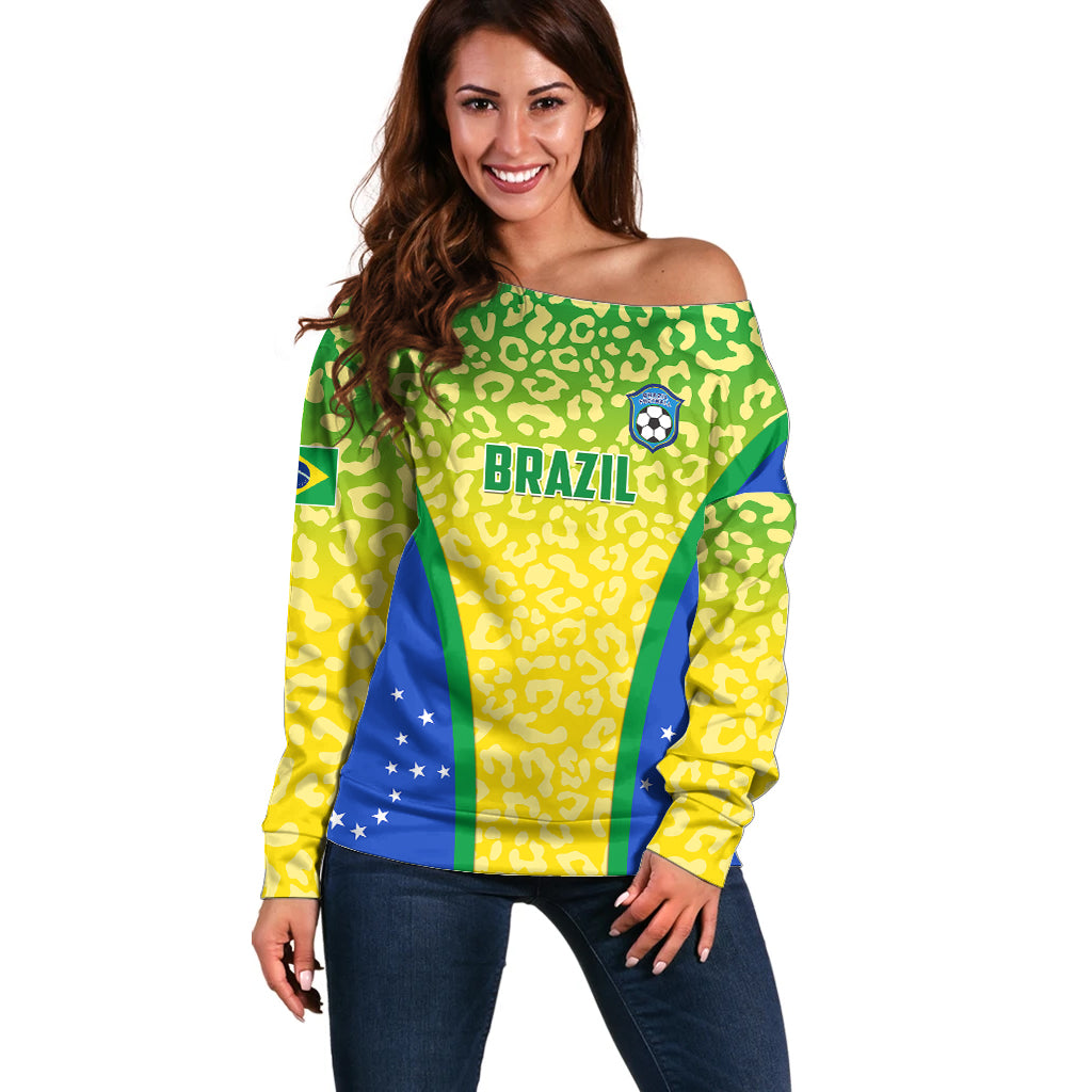 Brazil Football Off Shoulder Sweater Brasil Leopard Pattern - Wonder Print Shop