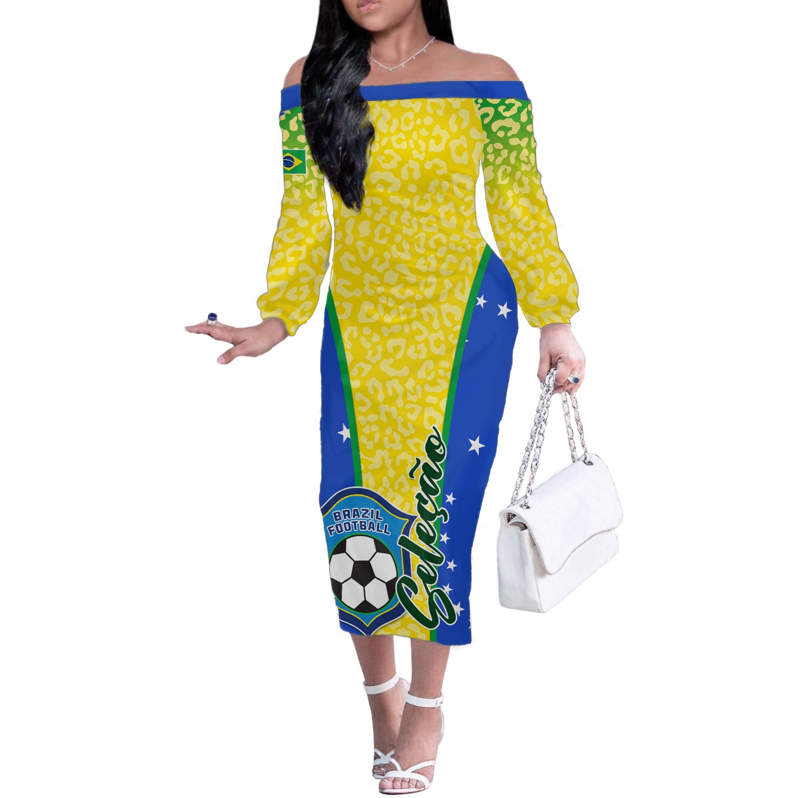 Brazil Football Off The Shoulder Long Sleeve Dress Brasil Leopard Pattern - Wonder Print Shop