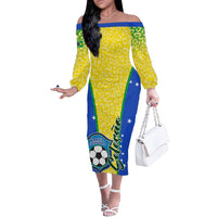 Women’s off-shoulder long sleeve dress, yellow leopard print with blue star panels