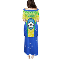 Brazil football long dress with yellow leopard print top and blue skirt, back view