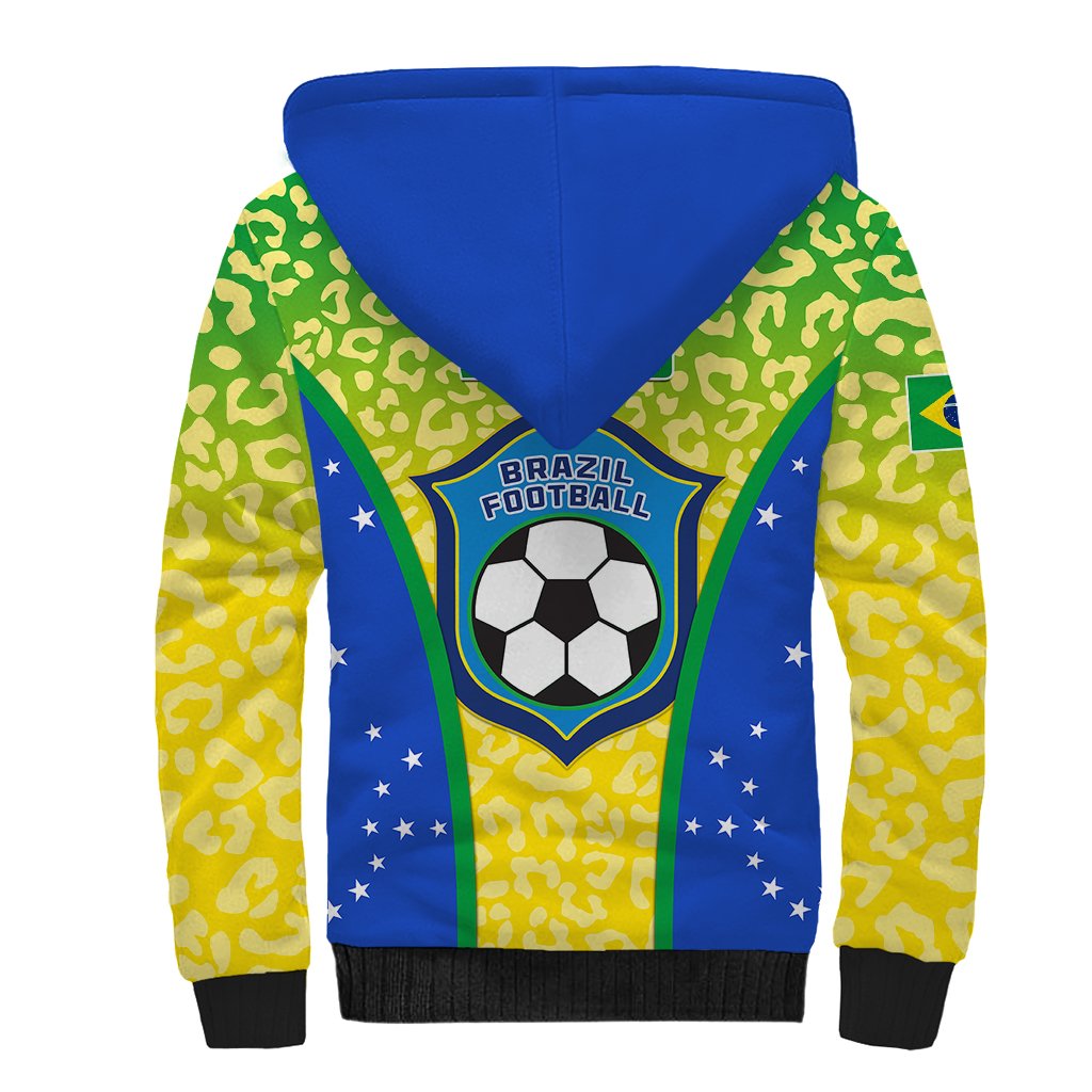 Brazil football sherpa hoodie with leopard pattern, blue-green-yellow panels, soccer badge