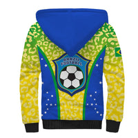 Brazil football sherpa hoodie with leopard pattern, blue-green-yellow panels, soccer badge