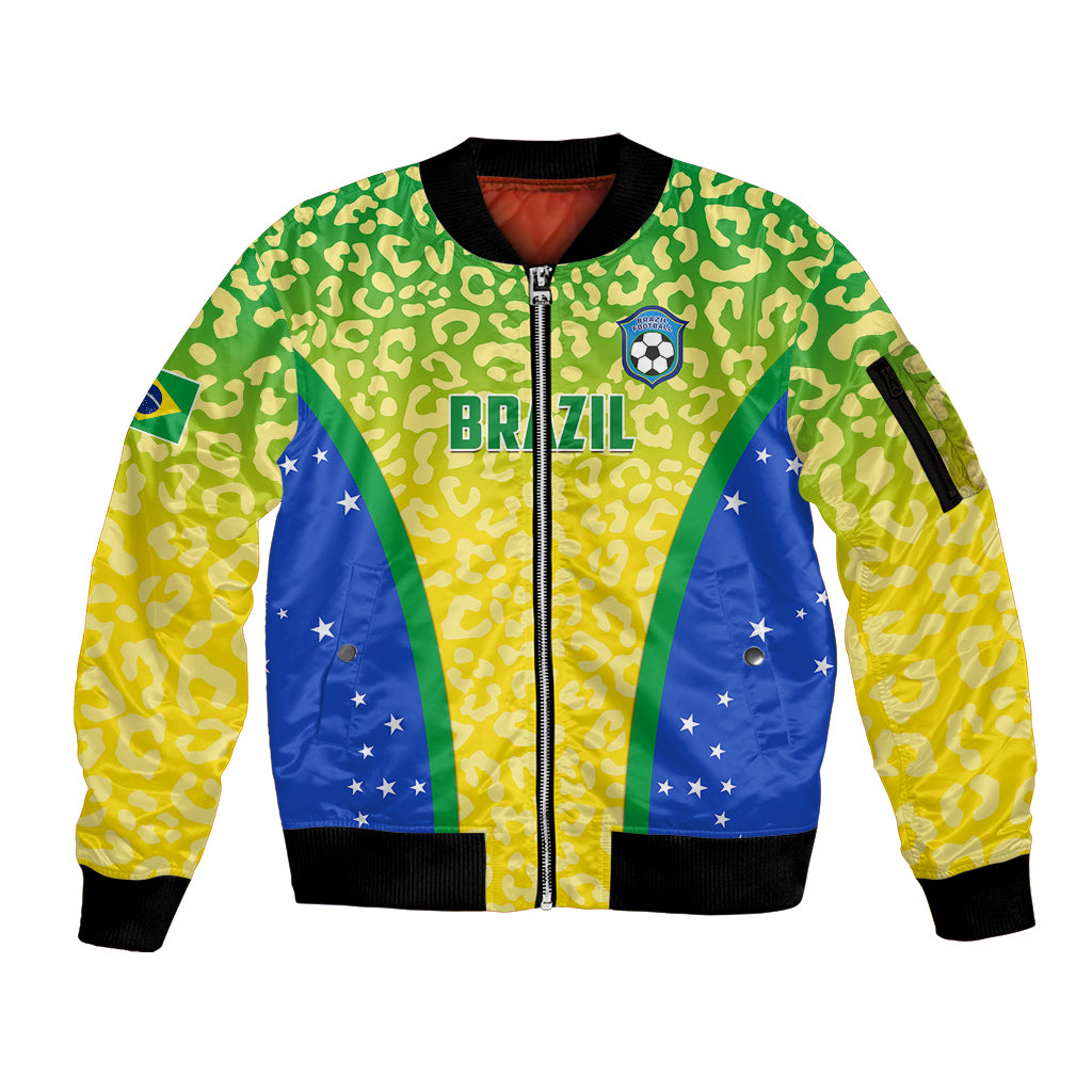 Brazil Football Sleeve Zip Bomber Jacket Brasil Leopard Pattern - Wonder Print Shop