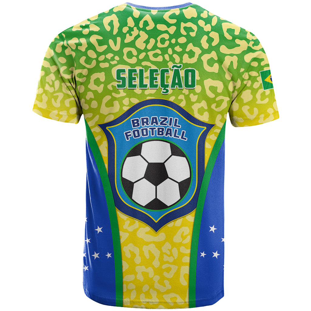 Brazil football T-shirt with leopard pattern and Seleção graphic, back view