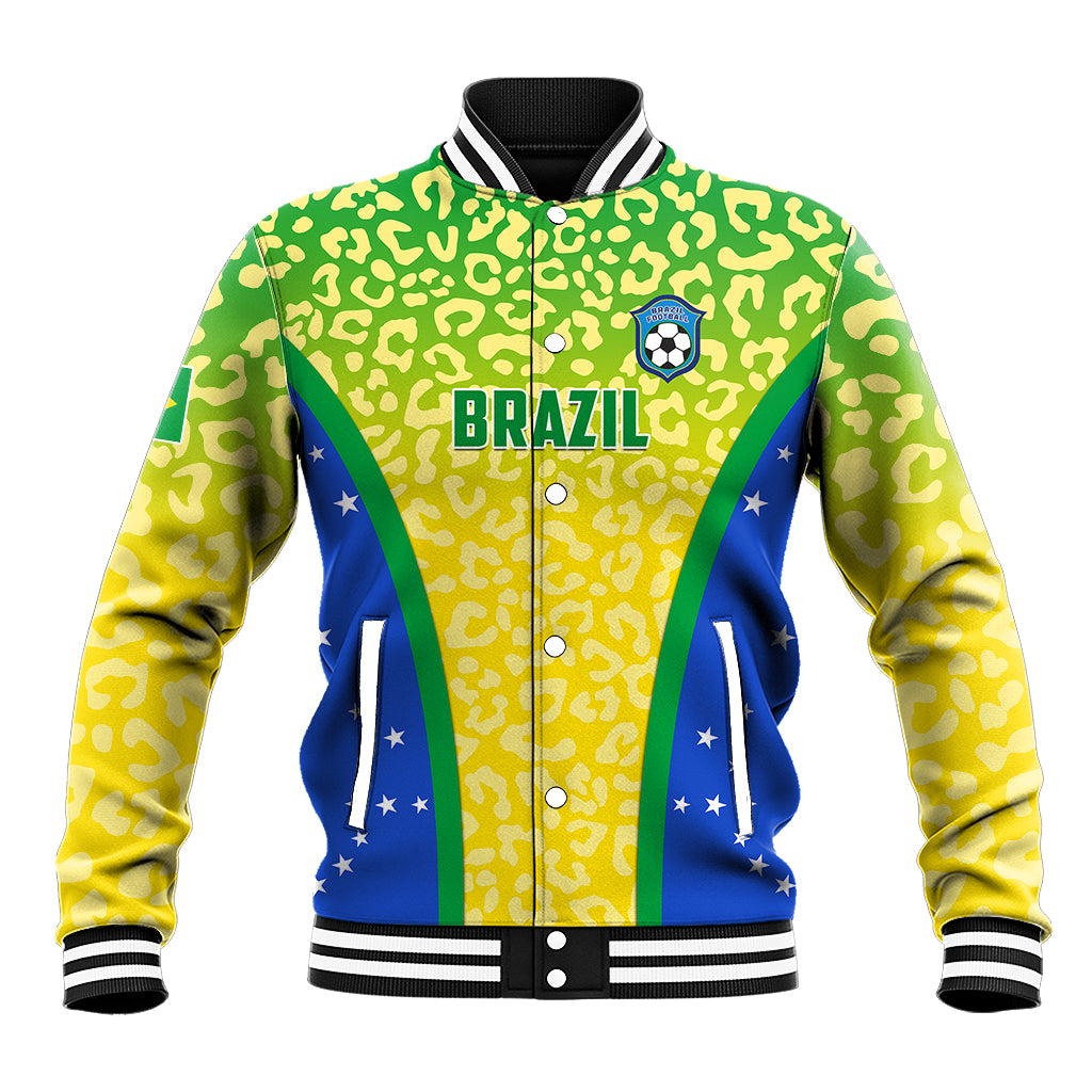 Personalised Brazil Football Baseball Jacket Brasil Leopard Pattern - Wonder Print Shop
