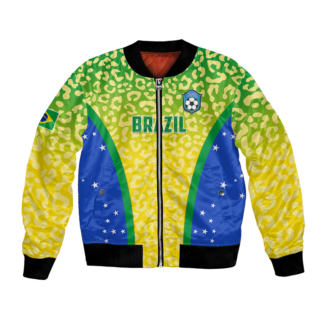 Personalised Brazil Football Bomber Jacket Brasil Leopard Pattern - Wonder Print Shop