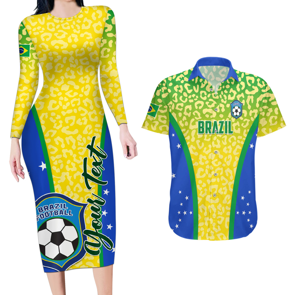Personalised Brazil Football Couples Matching Long Sleeve Bodycon Dress and Hawaiian Shirt Brasil Leopard Pattern - Wonder Print Shop