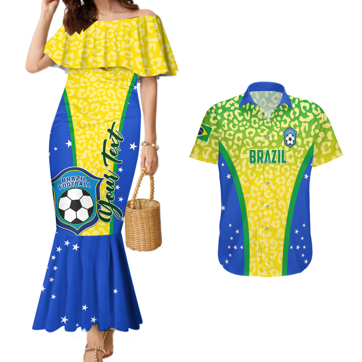 Personalised Brazil Football Couples Matching Mermaid Dress And Hawaiian Shirt Brasil Leopard Pattern - Wonder Print Shop