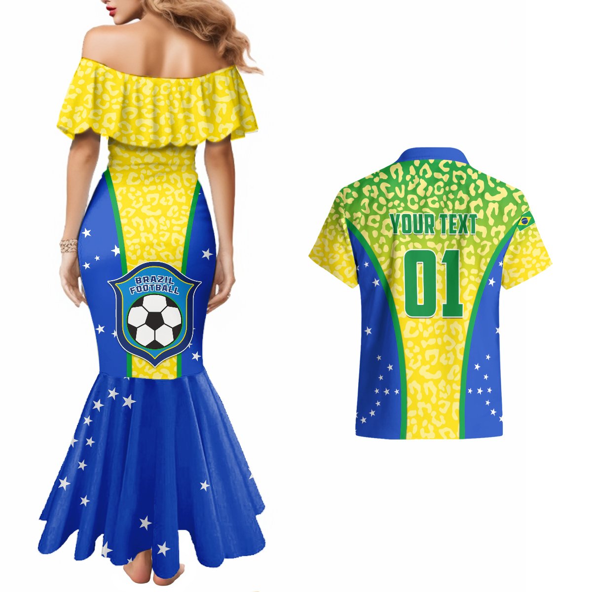 Personalised Brazil Football Couples Matching Mermaid Dress And Hawaiian Shirt Brasil Leopard Pattern - Wonder Print Shop