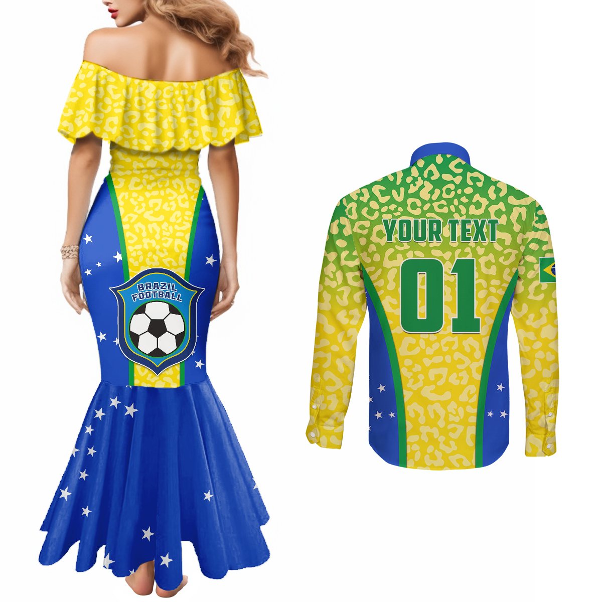 Matching mermaid dress and button-up shirt, dress back off-shoulder; shirt back shows YOUR TEXT 01