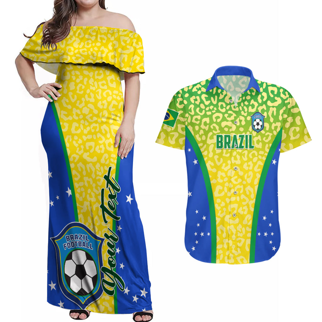 Personalised Brazil Football Couples Matching Off Shoulder Maxi Dress and Hawaiian Shirt Brasil Leopard Pattern - Wonder Print Shop