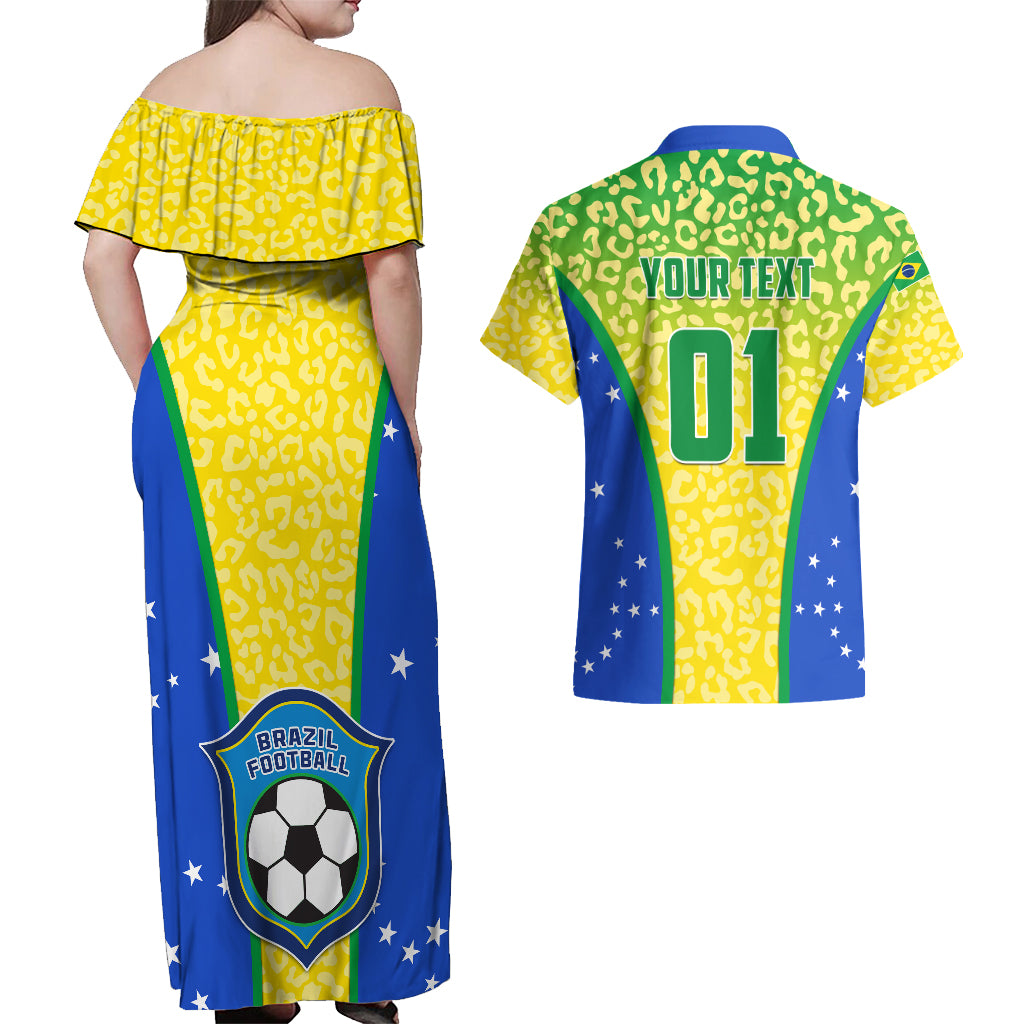 Yellow leopard off-shoulder maxi dress; green Brazil shirt back with 'YOUR TEXT 01'