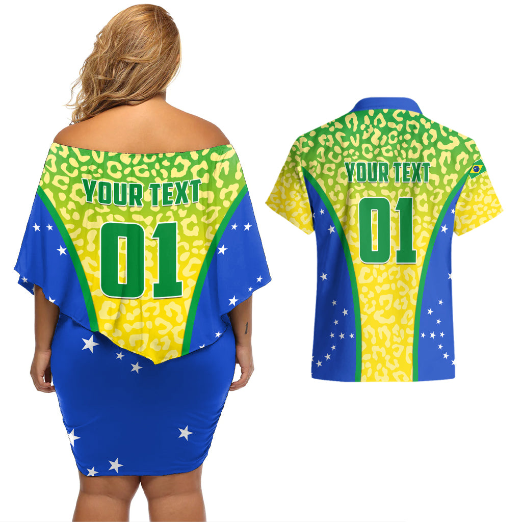 Couples matching Brazil off-shoulder dress and Hawaiian shirt, back YOUR TEXT 01, leopard pattern