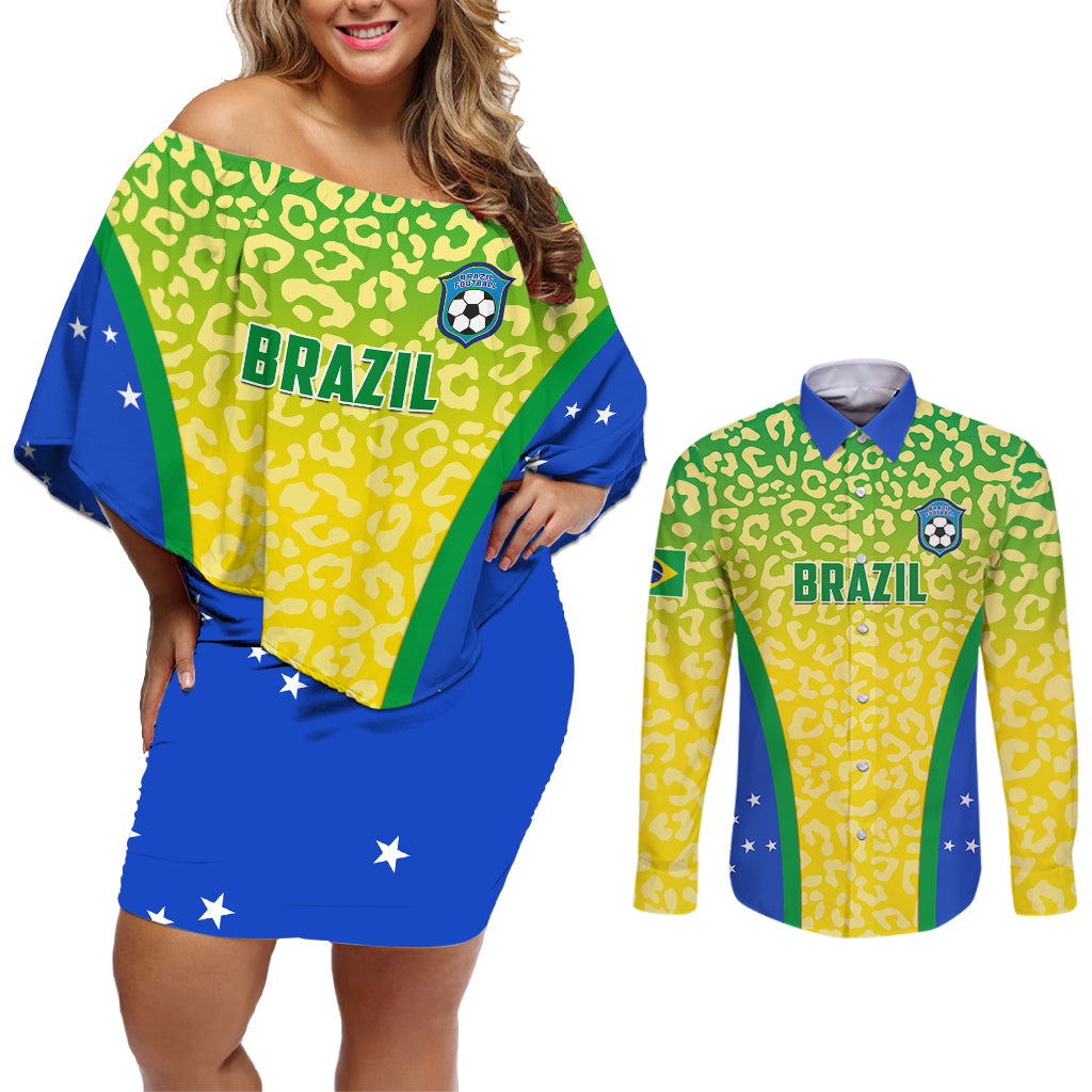Personalised Brazil Football Couples Matching Off Shoulder Short Dress and Long Sleeve Button Shirts Brasil Leopard Pattern - Wonder Print Shop